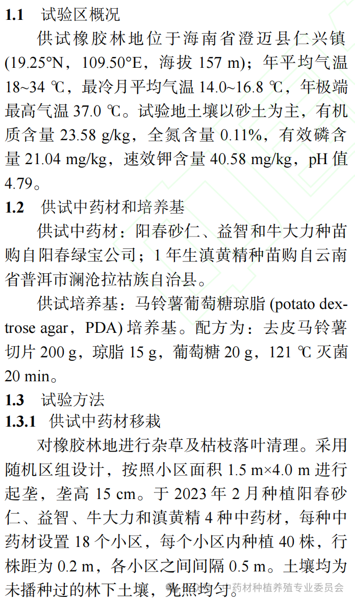 海南橡胶林下4种中药材的  适生性及其主要病害鉴定