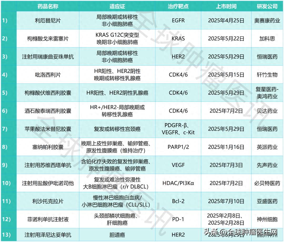13款国产1类新药重磅上市，剑指肺癌等十大癌种